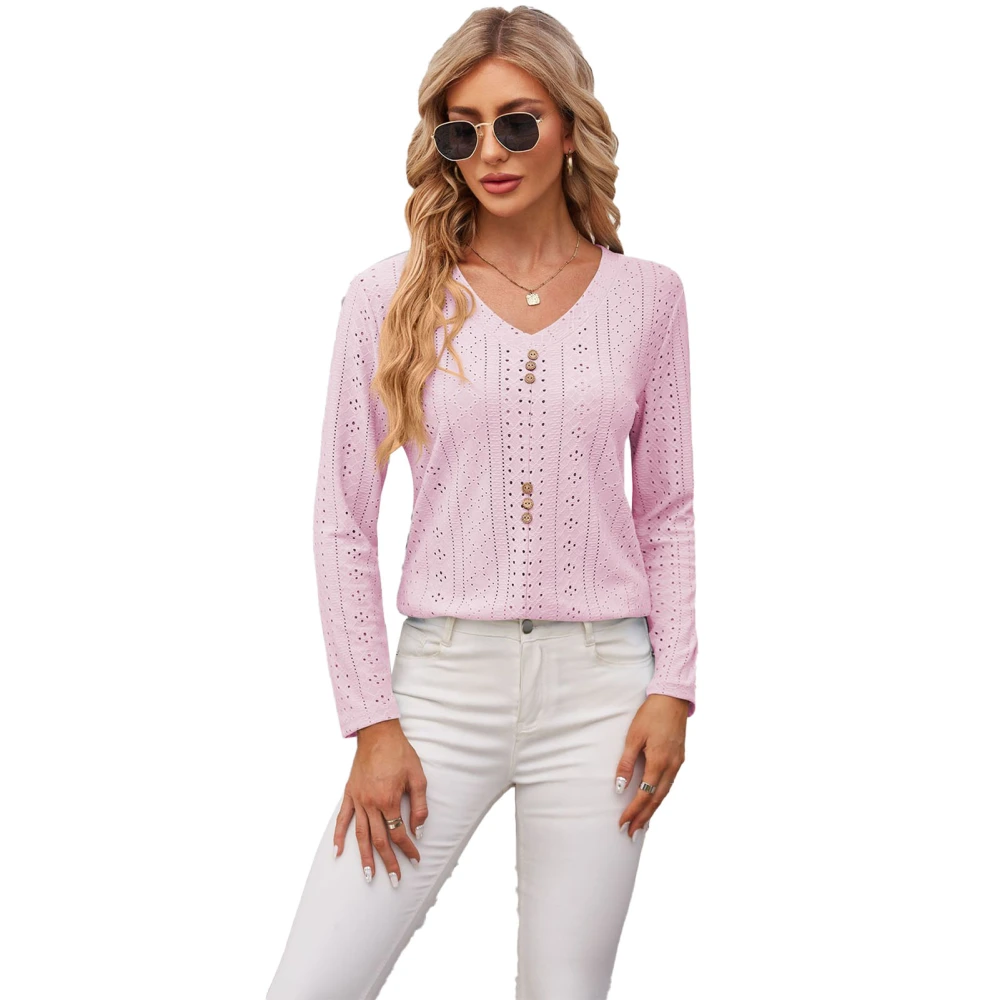 Woman Long Sleeve V Neck Top Front Button Hollow Floral Pattern Pullover Tops for Office Outdoor Shopping Party Pink M