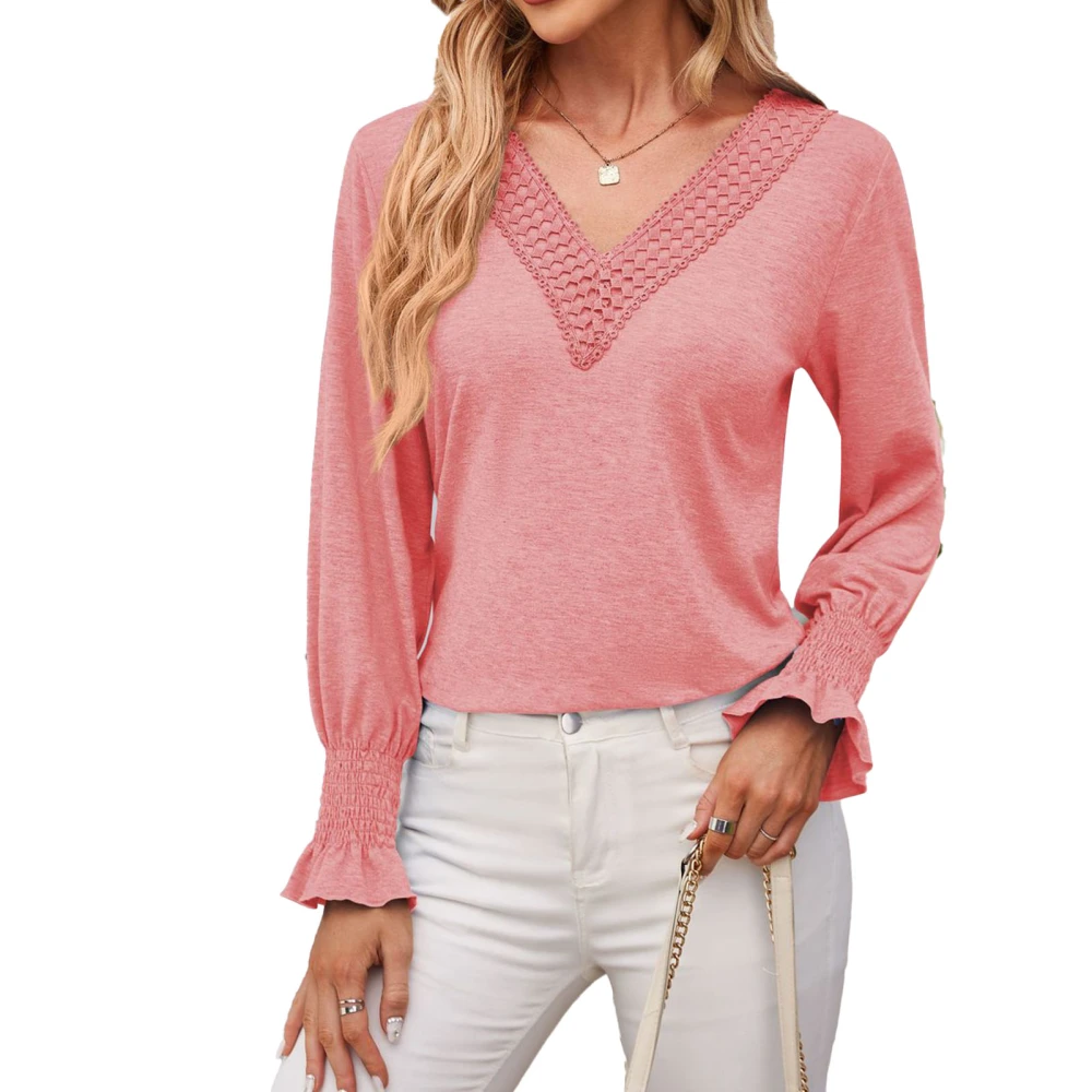 Women Long Sleeve T Shirt Pure Color V Neck Patchwork Loose Women Dressy Casual Blouse Pink M