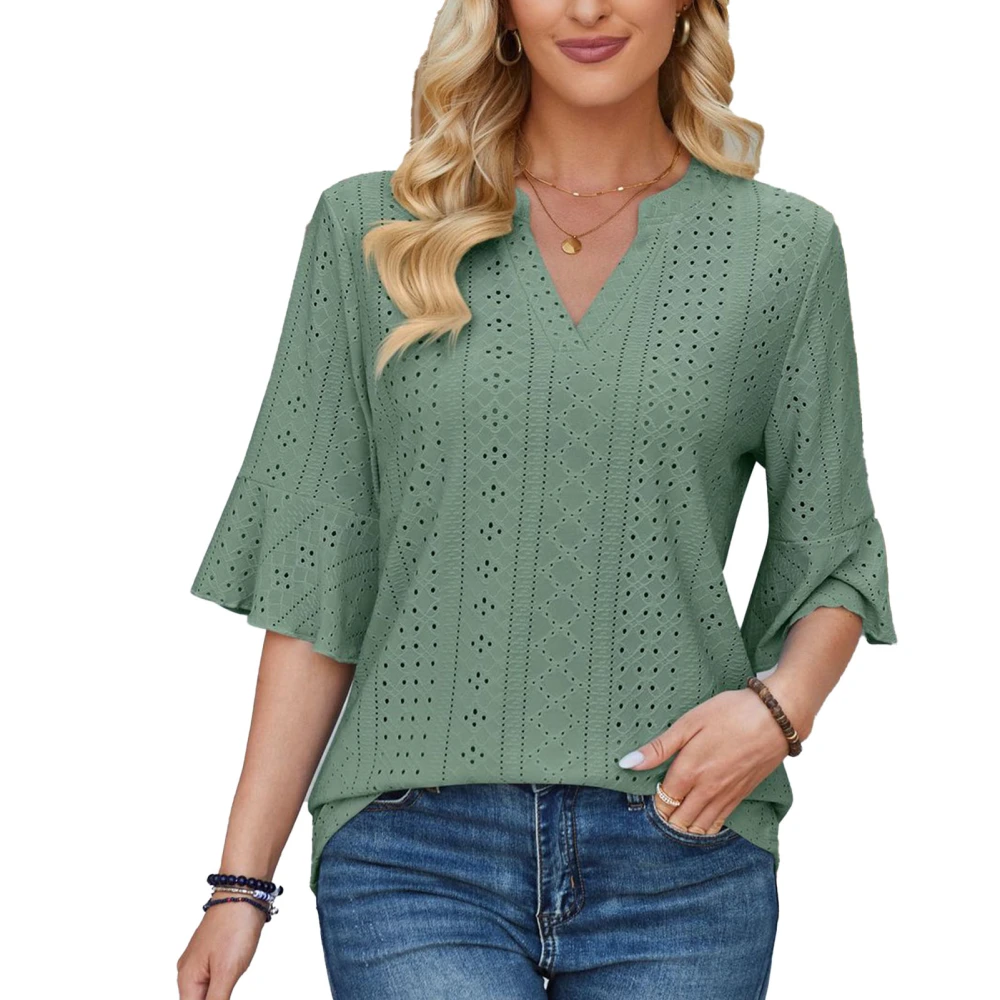 Women V Neck Top Half Ruffle Sleeves Pure Color Loose Fitting Summer Casual T Shirt for Daily Wear Green L