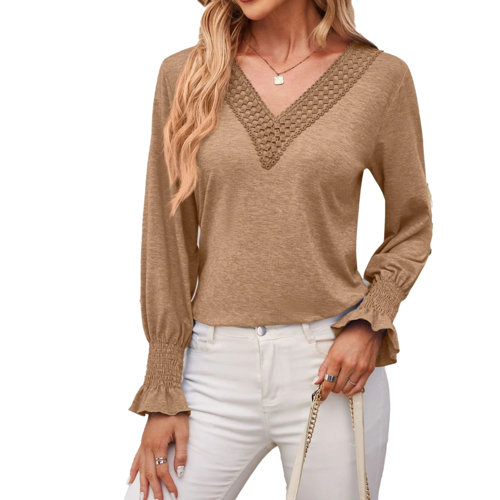 Women Long Sleeve T Shirt Pure Color V Neck Patchwork Loose Women Dressy Casual Blouse Khaki XL