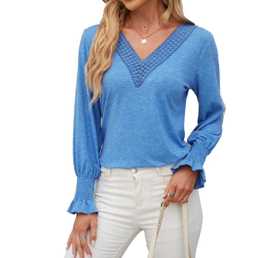 Women Long Sleeve T Shirt Pure Color V Neck Patchwork Loose Women Dressy Casual Blouse Blue S