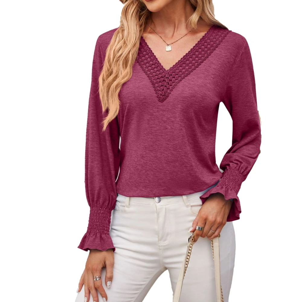 Women Long Sleeve T Shirt Pure Color V Neck Patchwork Loose Women Dressy Casual Blouse Purplish Red XL