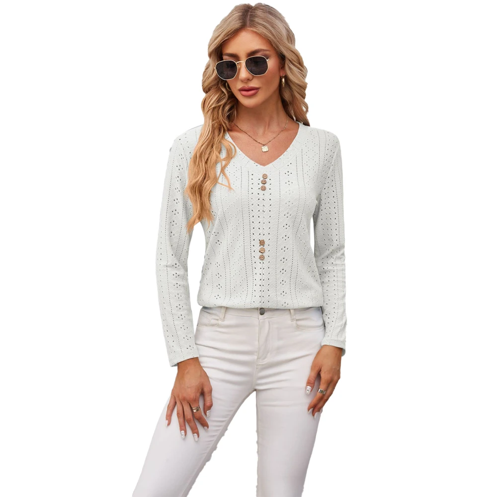 Woman Long Sleeve V Neck Top Front Button Hollow Floral Pattern Pullover Tops for Office Outdoor Shopping Party White L