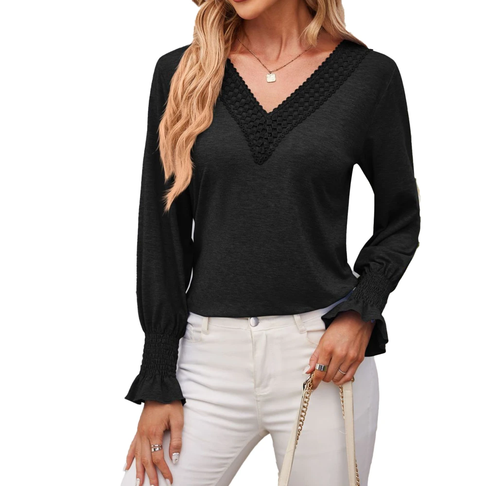 Women Long Sleeve T Shirt Pure Color V Neck Patchwork Loose Women Dressy Casual Blouse Black S