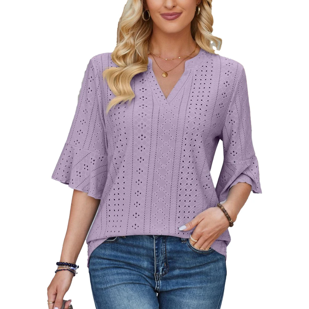 Women V Neck Top Half Ruffle Sleeves Pure Color Loose Fitting Summer Casual T Shirt for Daily Wear Purple S