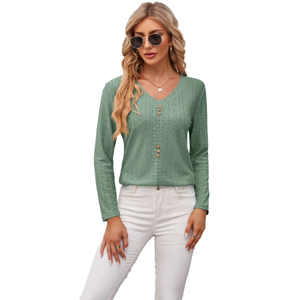 Woman Long Sleeve V Neck Top Front Button Hollow Floral Pattern Pullover Tops for Office Outdoor Shopping Party Green M