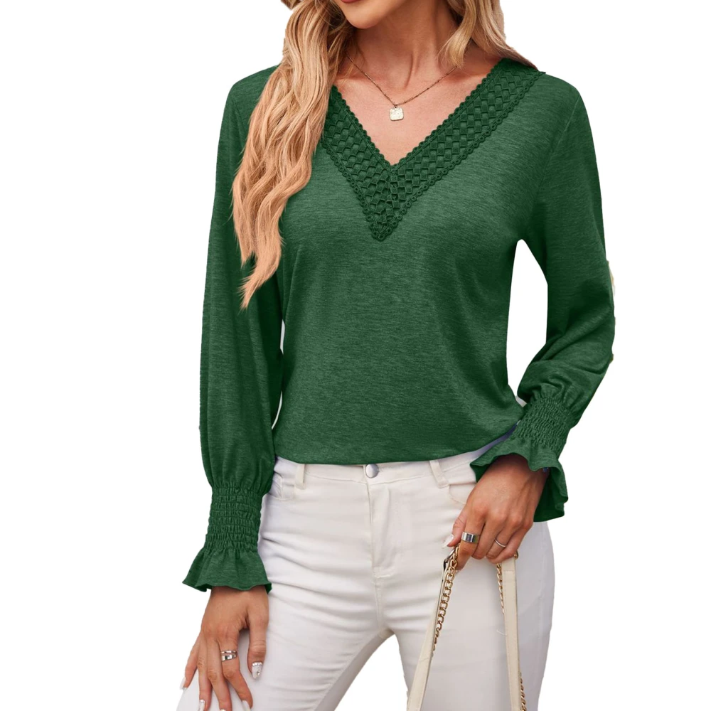 Women Long Sleeve T Shirt Pure Color V Neck Patchwork Loose Women Dressy Casual Blouse Green L