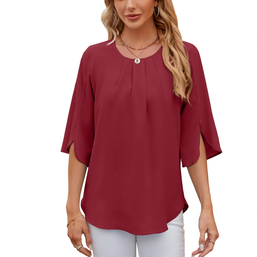 Women Half Sleeve Blouse Pleated Front Round Neck Casual Loose Fit Keyhole Back Tunic Top Wine Red M