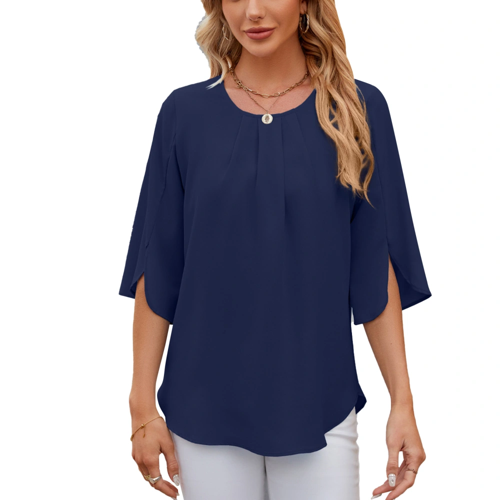 Women Half Sleeve Blouse Pleated Front Round Neck Casual Loose Fit Keyhole Back Tunic Top Navy Blue L