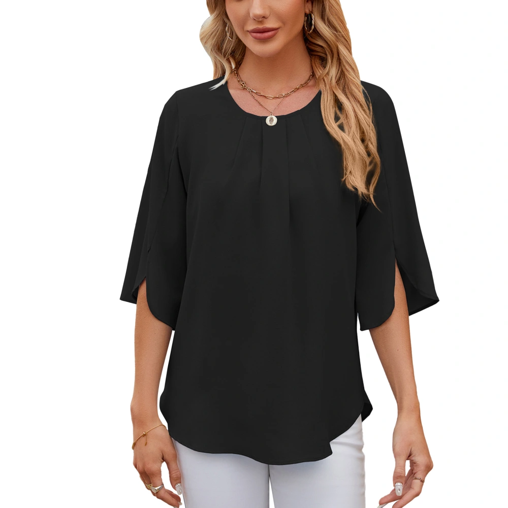 Women Half Sleeve Blouse Pleated Front Round Neck Casual Loose Fit Keyhole Back Tunic Top Black S