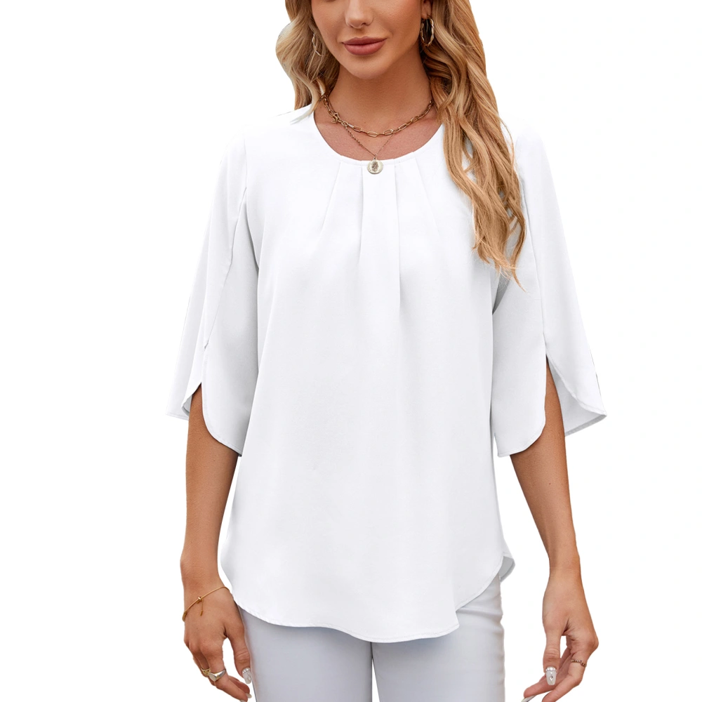 Women Half Sleeve Blouse Pleated Front Round Neck Casual Loose Fit Keyhole Back Tunic Top White M