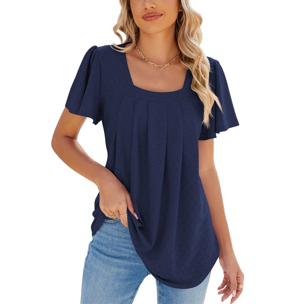 Women Ruffle Sleeve Blouse Casual Loose Fit Pure Color Breathable Fashion Pleated Tunic Tops Dark Blue XXL