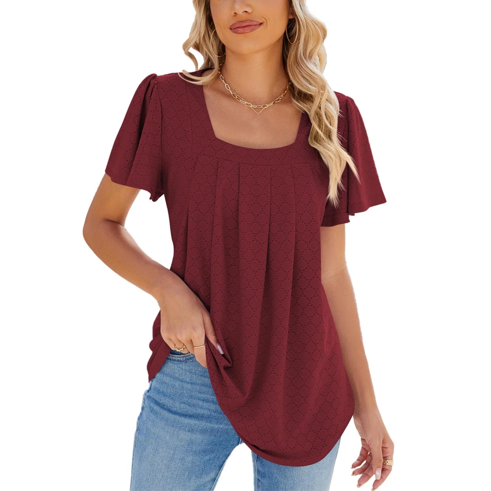 Women Ruffle Sleeve Blouse Casual Loose Fit Pure Color Breathable Fashion Pleated Tunic Tops Wine Red M