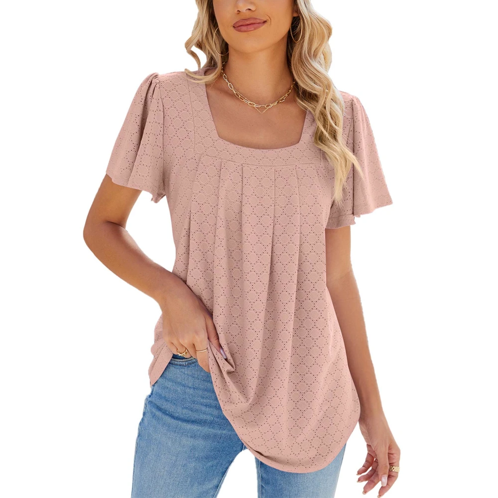 Women Ruffle Sleeve Blouse Casual Loose Fit Pure Color Breathable Fashion Pleated Tunic Tops Nude Pink S