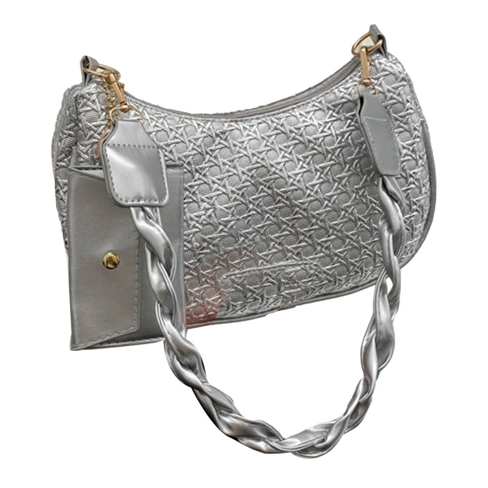 Women Shoulder Bag PU Leather Zipper Closure Fashionable Lady Handbag with Removable Pouch Silver One Size