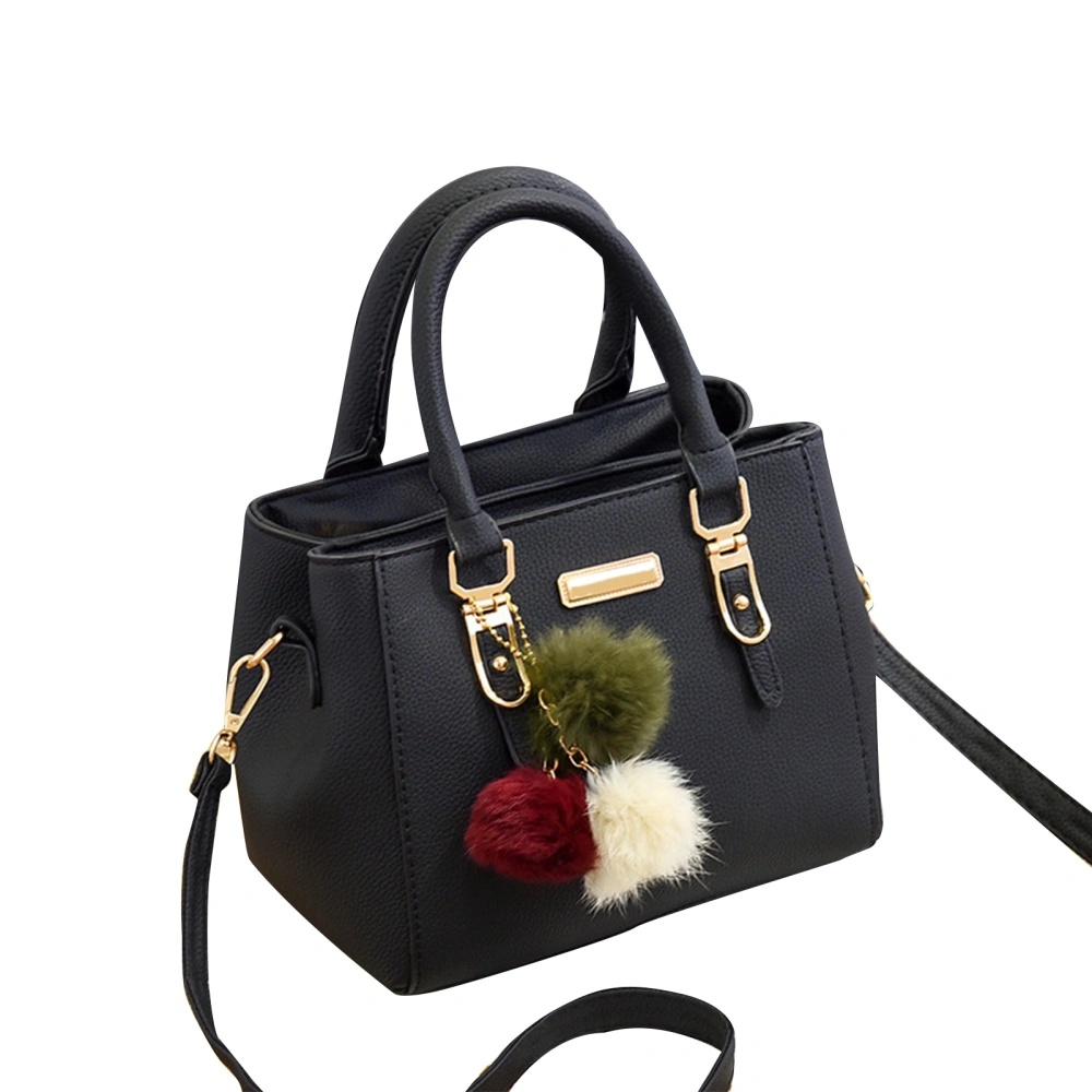 Women PU Bag Stylish Litchi Texture Cute Fur Ball Pendant Large Capacity Handbag Shoulder Bag Black Free Size