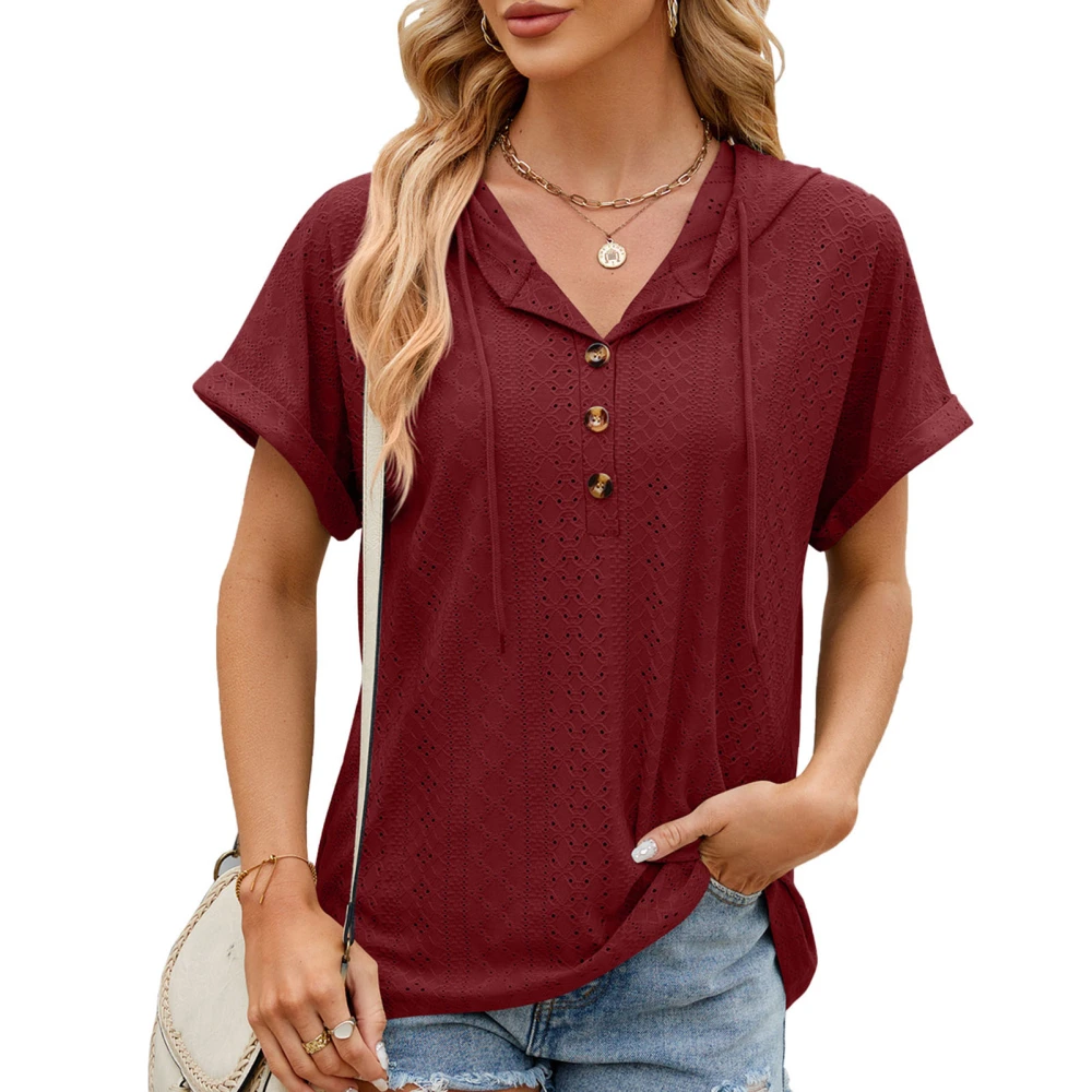 V Neck Hollow Short Sleeve Blouse Solid Loose Fitted Women Hoodie Short Sleeve Blouse for Daily Life Wine Red L