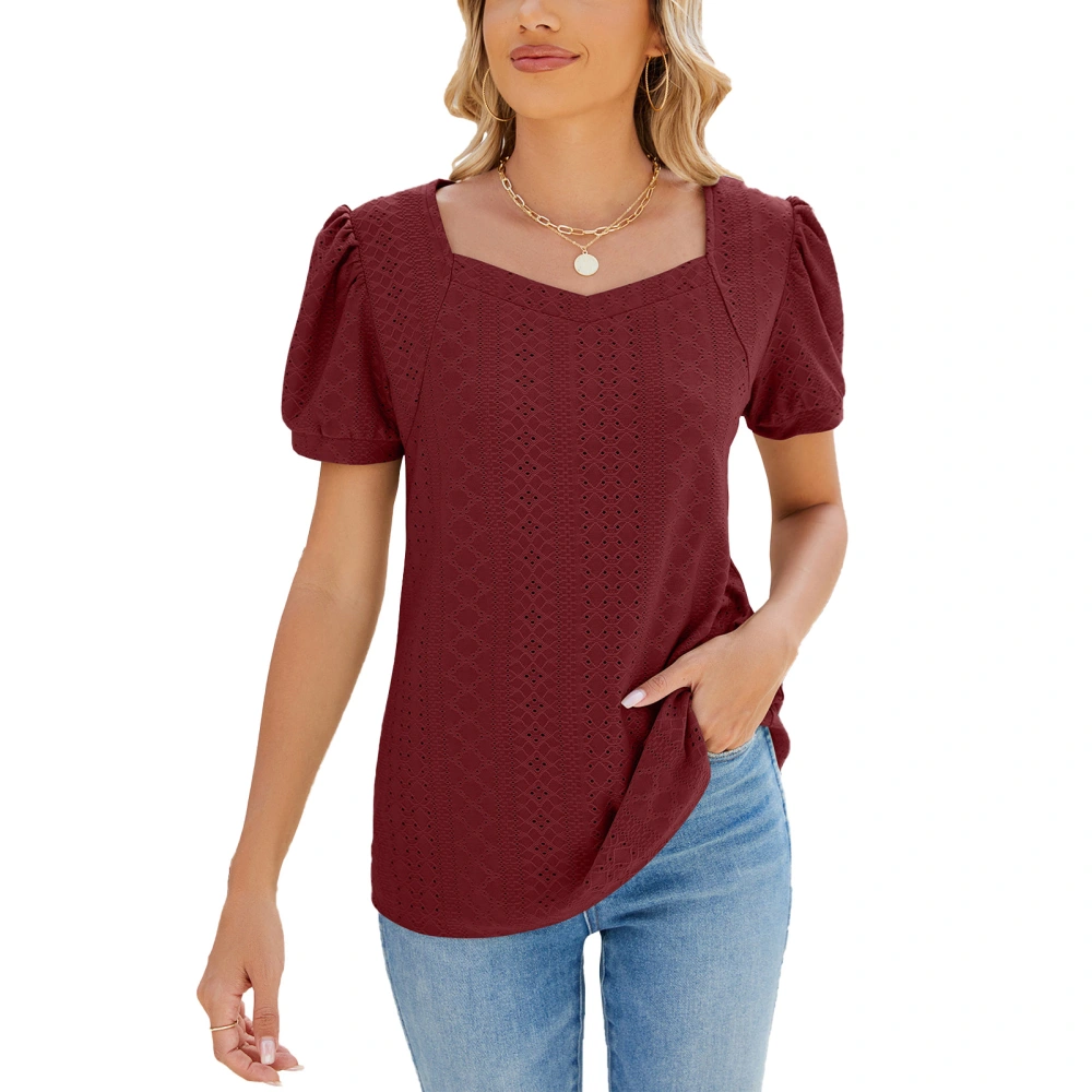 Puff Short Sleeve Blouse Plain Color Basic Casual Fitted Hollow Out Puff Sleeve Blouse for Daily Life Burgundy XXL