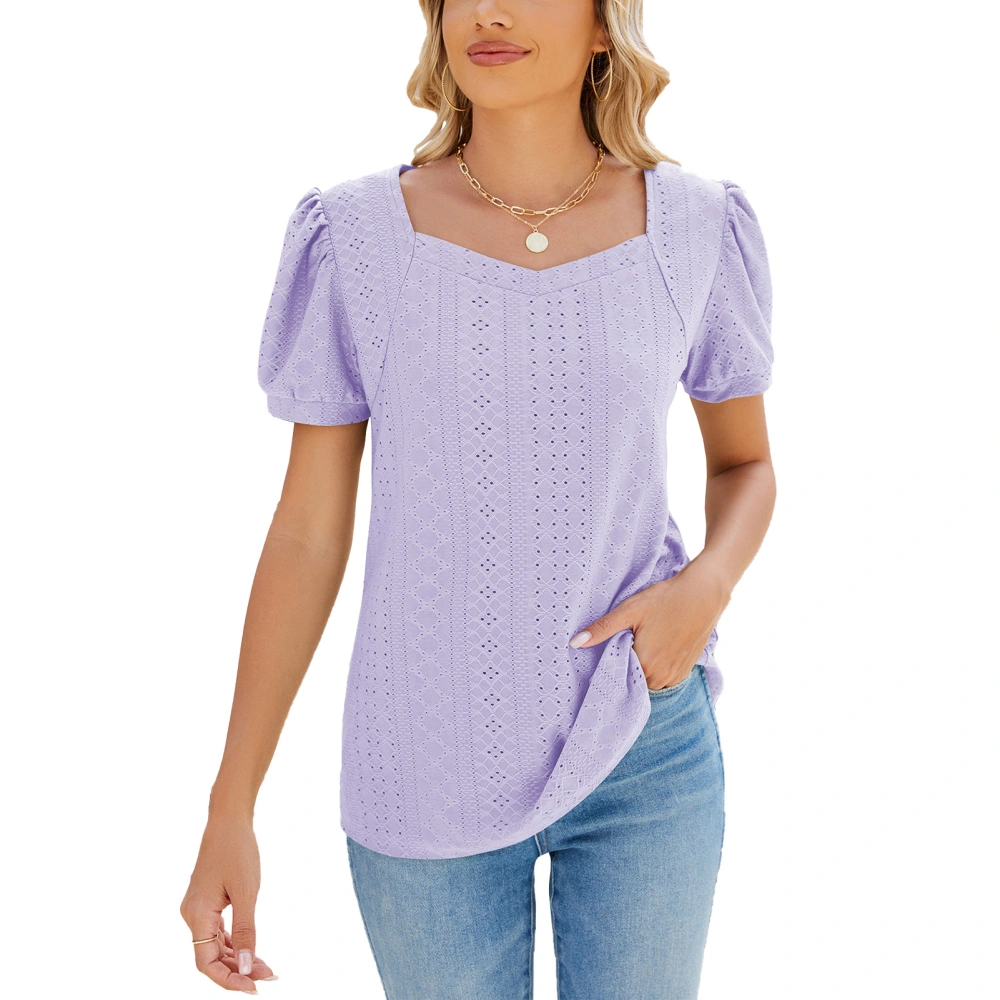 Puff Short Sleeve Blouse Plain Color Basic Casual Fitted Hollow Out Puff Sleeve Blouse for Daily Life Purple M