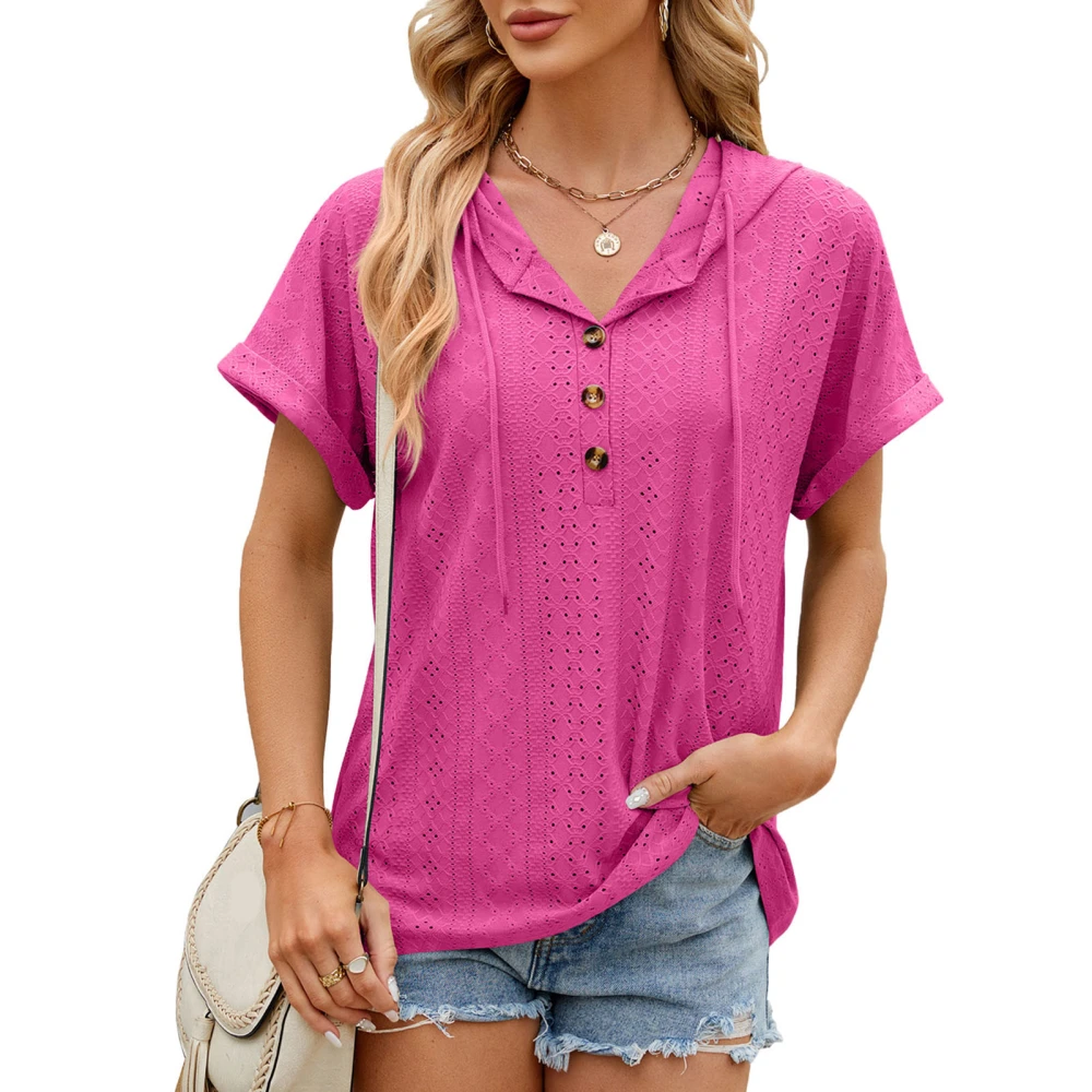 V Neck Hollow Short Sleeve Blouse Solid Loose Fitted Women Hoodie Short Sleeve Blouse for Daily Life Dark Pink XL