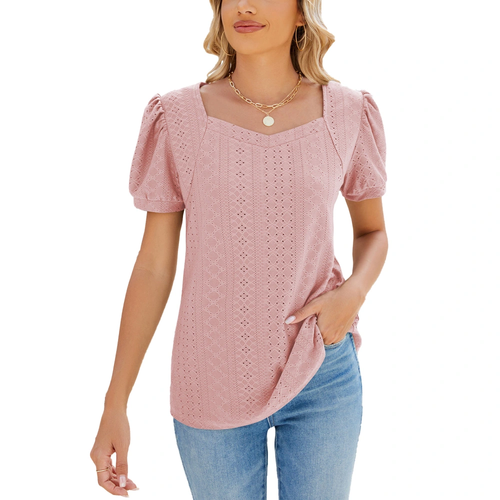 Puff Short Sleeve Blouse Plain Color Basic Casual Fitted Hollow Out Puff Sleeve Blouse for Daily Life Dark Pink XL