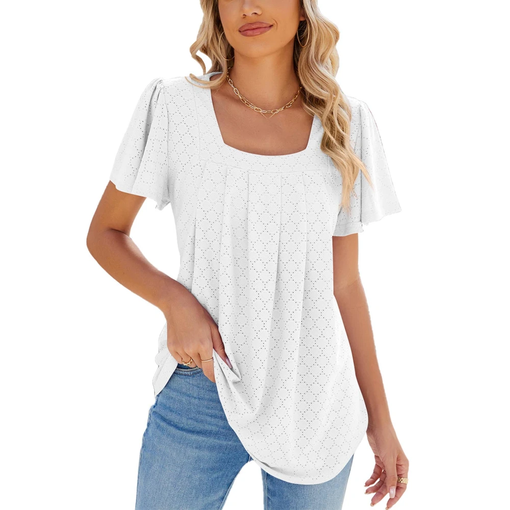 Women Ruffle Sleeve Blouse Casual Loose Fit Pure Color Breathable Fashion Pleated Tunic Tops White L