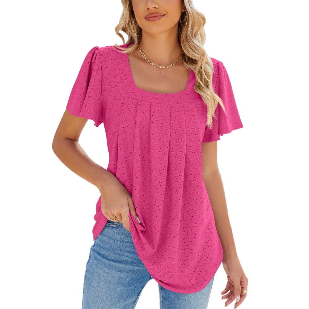 Women Ruffle Sleeve Blouse Casual Loose Fit Pure Color Breathable Fashion Pleated Tunic Tops Pink XL