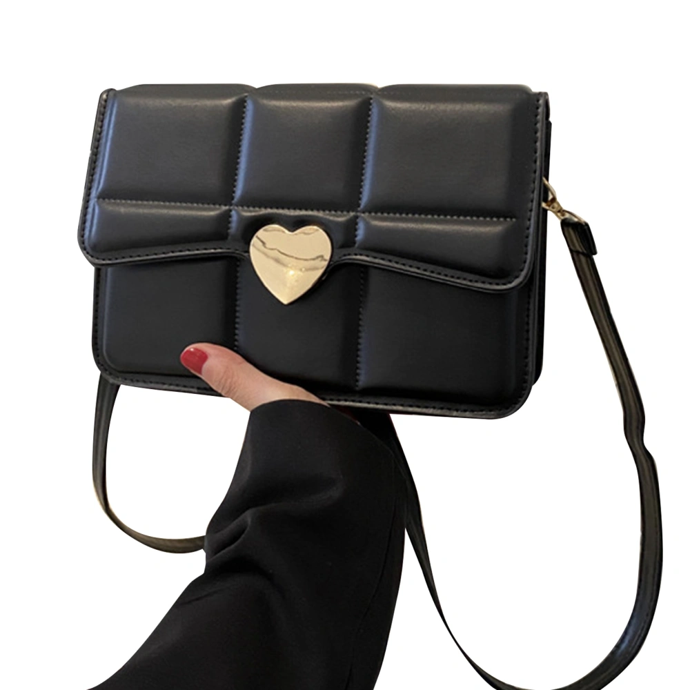 Women Shoulder Bag Fashion Versatile Lattice Design Heart Decor PU Leather Large Capacity Small Shoulder Bag with Adjustable Strap Black Free Size