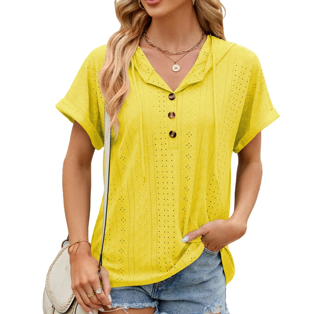 V Neck Hollow Short Sleeve Blouse Solid Loose Fitted Women Hoodie Short Sleeve Blouse for Daily Life Yellow XXL