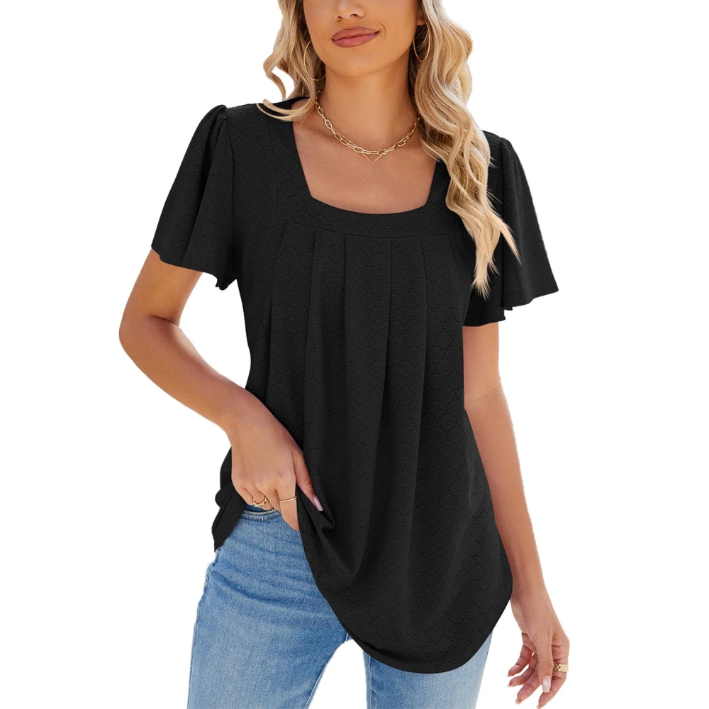 Women Ruffle Sleeve Blouse Casual Loose Fit Pure Color Breathable Fashion Pleated Tunic Tops Black S