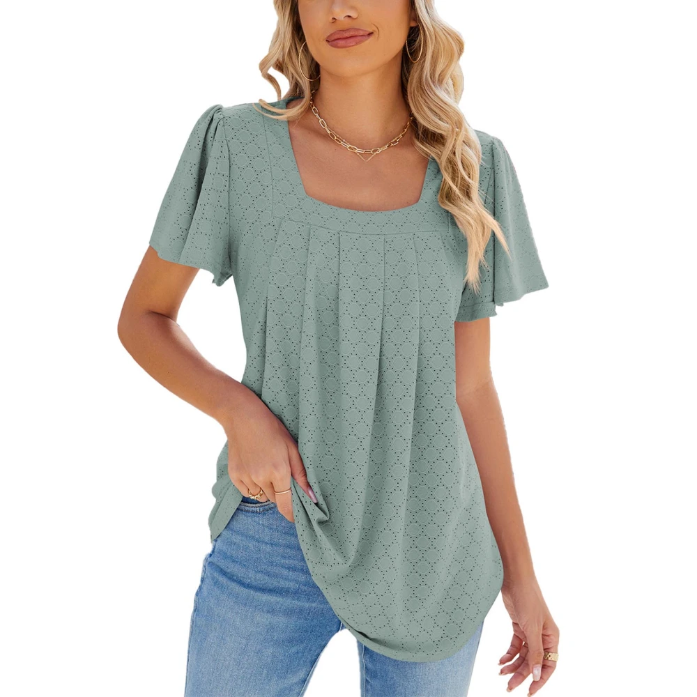 Women Ruffle Sleeve Blouse Casual Loose Fit Pure Color Breathable Fashion Pleated Tunic Tops Dark Green M