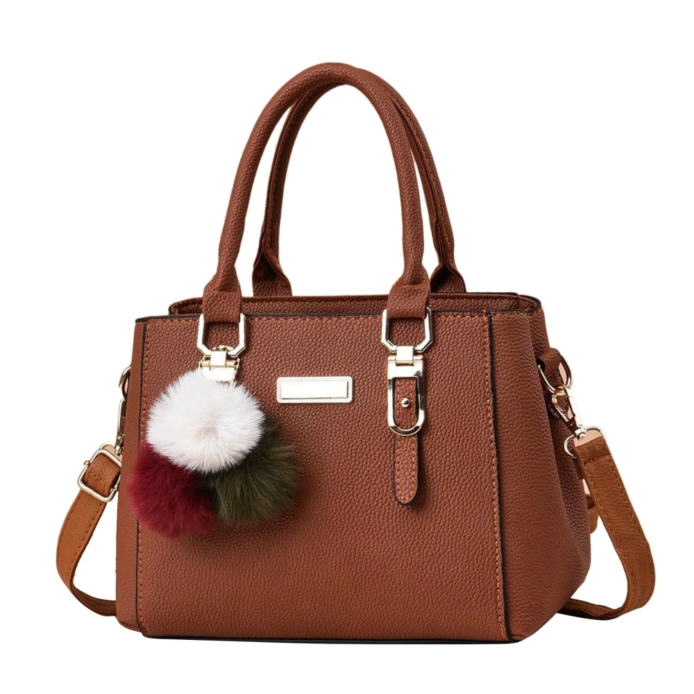 Women PU Bag Stylish Litchi Texture Cute Fur Ball Pendant Large Capacity Handbag Shoulder Bag Earth Yellow Free Size