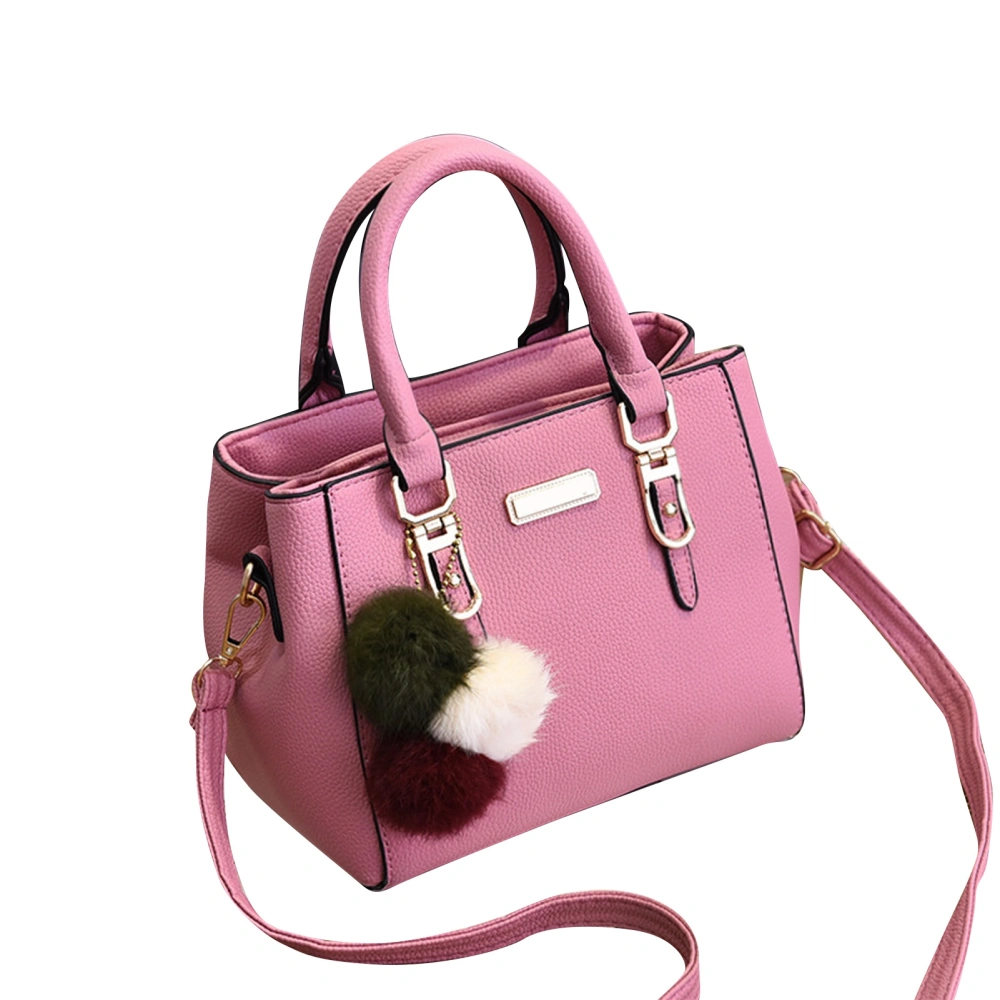 Women PU Bag Stylish Litchi Texture Cute Fur Ball Pendant Large Capacity Handbag Shoulder Bag Pink Free Size