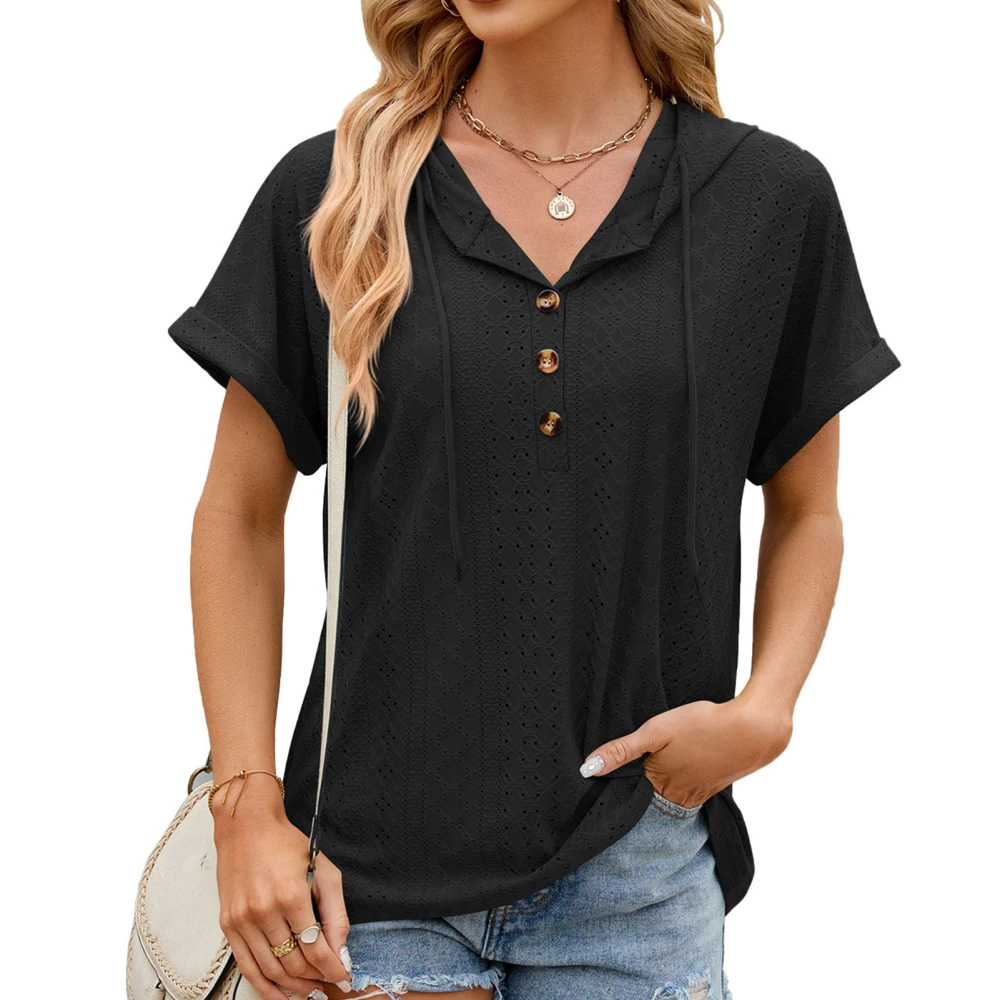 V Neck Hollow Short Sleeve Blouse Solid Loose Fitted Women Hoodie Short Sleeve Blouse for Daily Life Black L