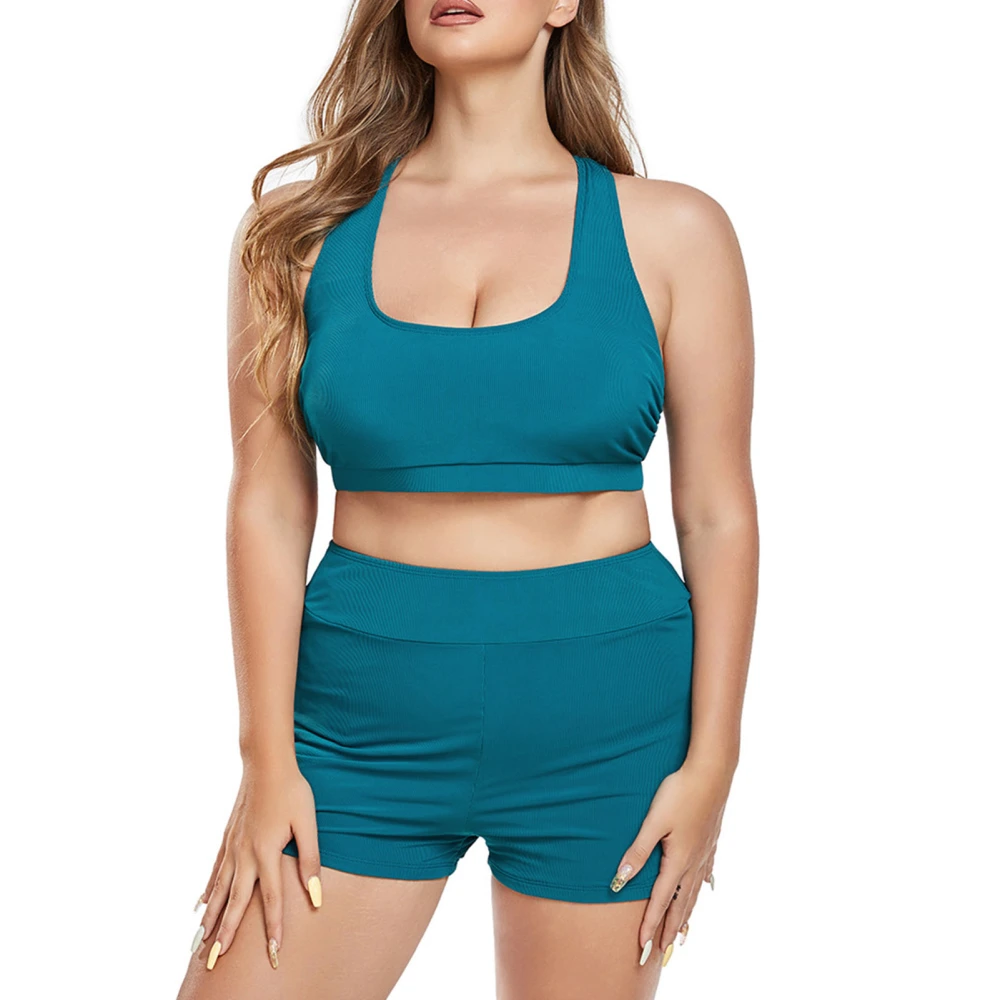 Women Bathing Suit with Boyshorts U Neck Tie Back Casual High Waist Stretchy Two Piece Swimsuit Plus Size Peacock Blue 4XL