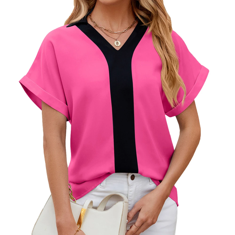 Women Turn Down Collar Blouse Color Contrast Casual Short Sleeves V Neck Loose Top for Daily Wear Rose Red S