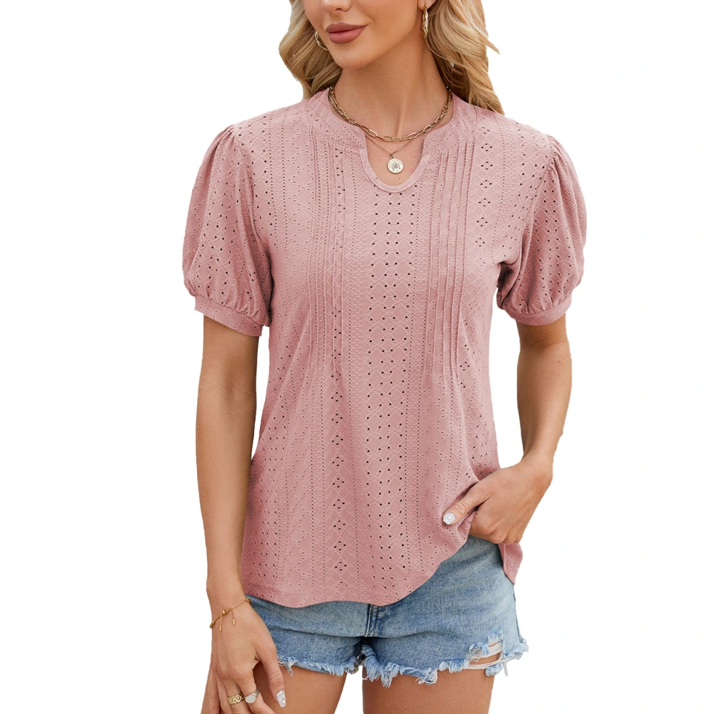 Women Puff Sleeve Blouse U Neck Casual Loose Fit Pure Color Fashion Hollow Holes Pleated Top Pink XL