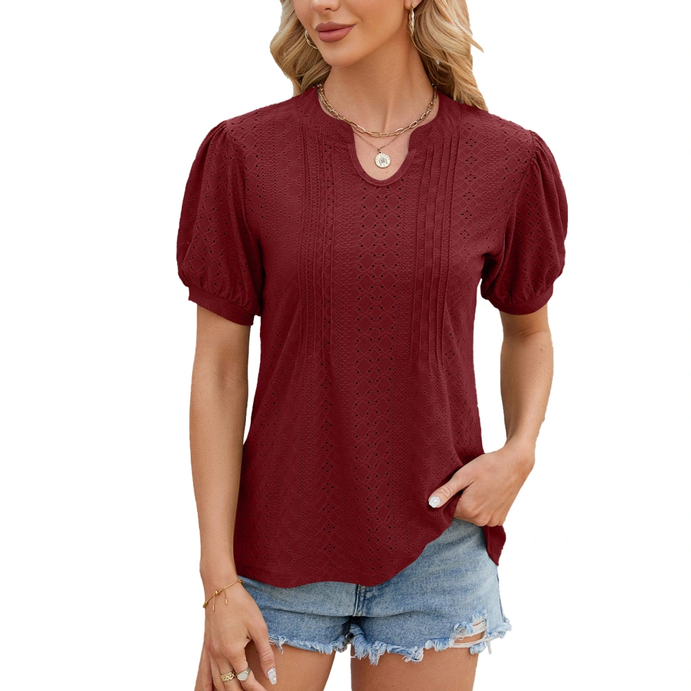 Women Puff Sleeve Blouse U Neck Casual Loose Fit Pure Color Fashion Hollow Holes Pleated Top Burgundy S