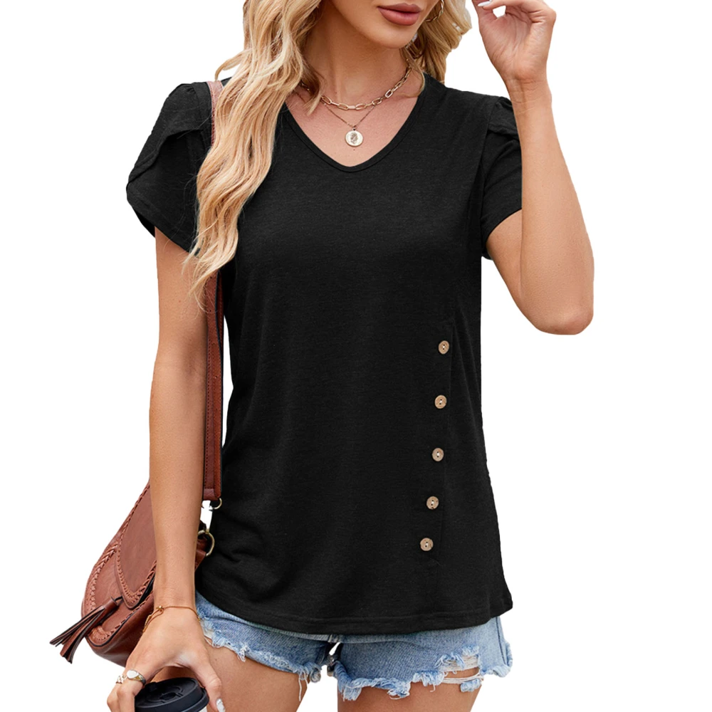 Women V Neck T Shirt Button Decorated Pure Color Casual Short Petal Sleeves Blouse for Daily Life Black M