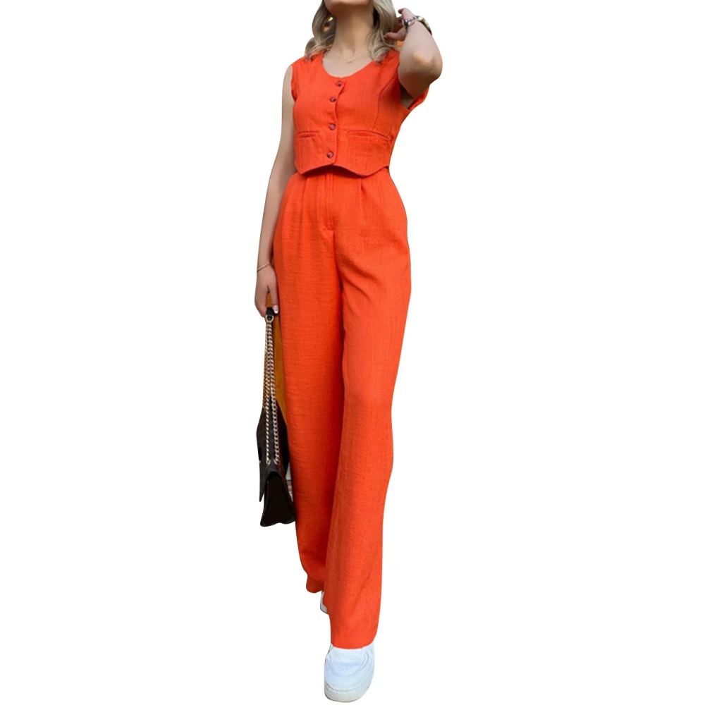 Women Tank Top Long Pants Set Sleeveless V Neck Button Up Wide Legs Two Piece Outfits Casual Set for Summer Orange XL