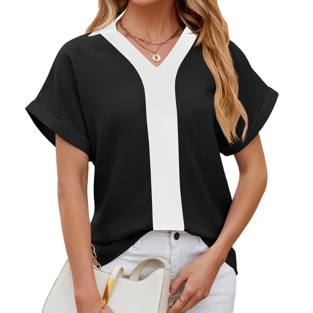 Women Turn Down Collar Blouse Color Contrast Casual Short Sleeves V Neck Loose Top for Daily Wear Black L