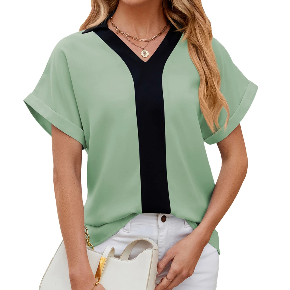 Women Turn Down Collar Blouse Color Contrast Casual Short Sleeves V Neck Loose Top for Daily Wear Pea Green XL