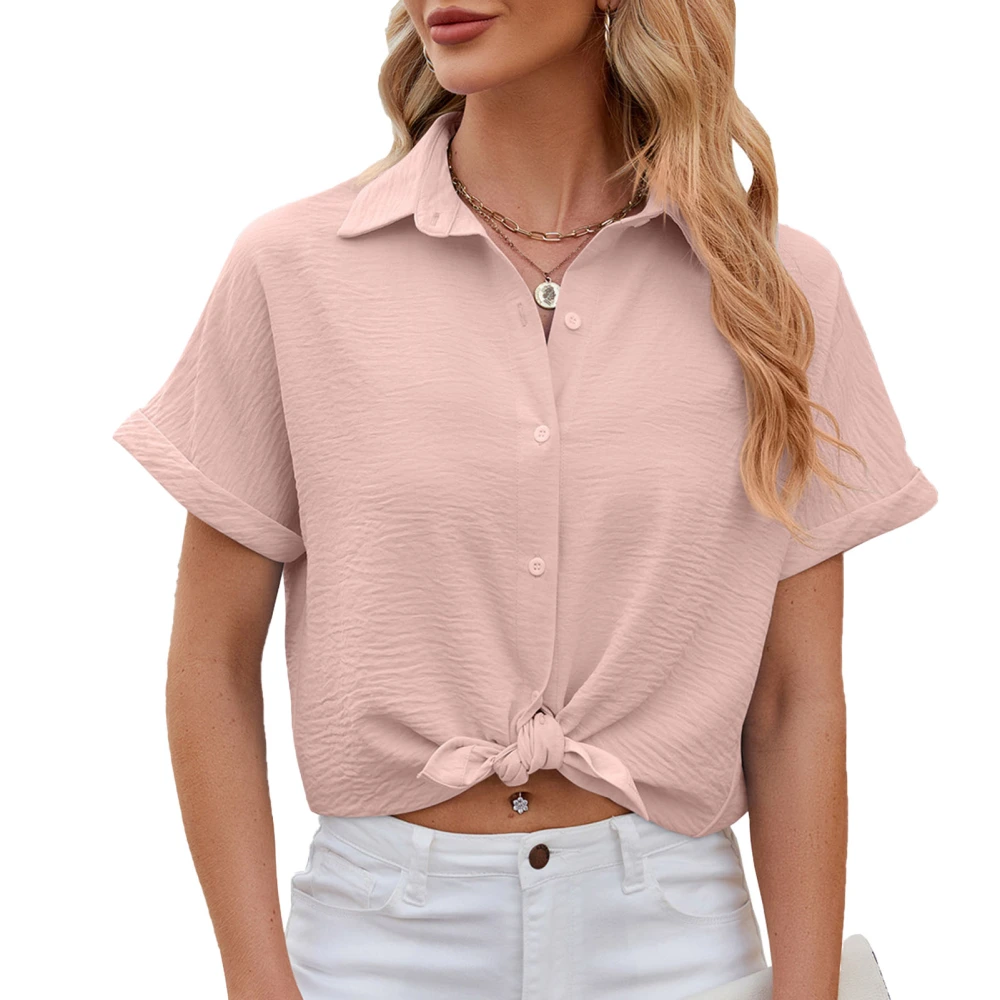 Turn Down Collar Blouse Plain Color Casual Fitted Turn Down Collar Blouse Top for Summer Dating Pink S