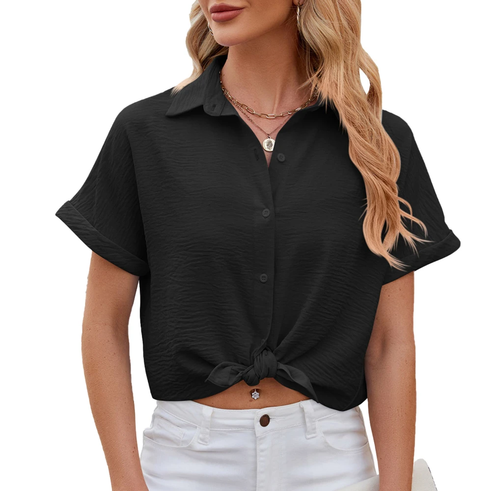 Turn Down Collar Blouse Plain Color Casual Fitted Turn Down Collar Blouse Top for Summer Dating Black XXL