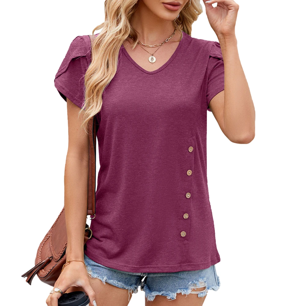 Women V Neck T Shirt Button Decorated Pure Color Casual Short Petal Sleeves Blouse for Daily Life Wine Red M