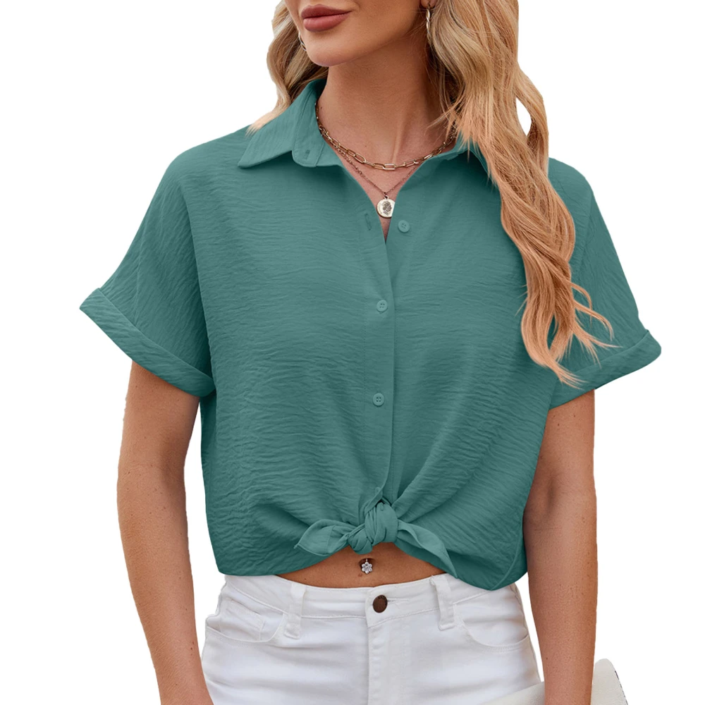 Turn Down Collar Blouse Plain Color Casual Fitted Turn Down Collar Blouse Top for Summer Dating Dark Green L