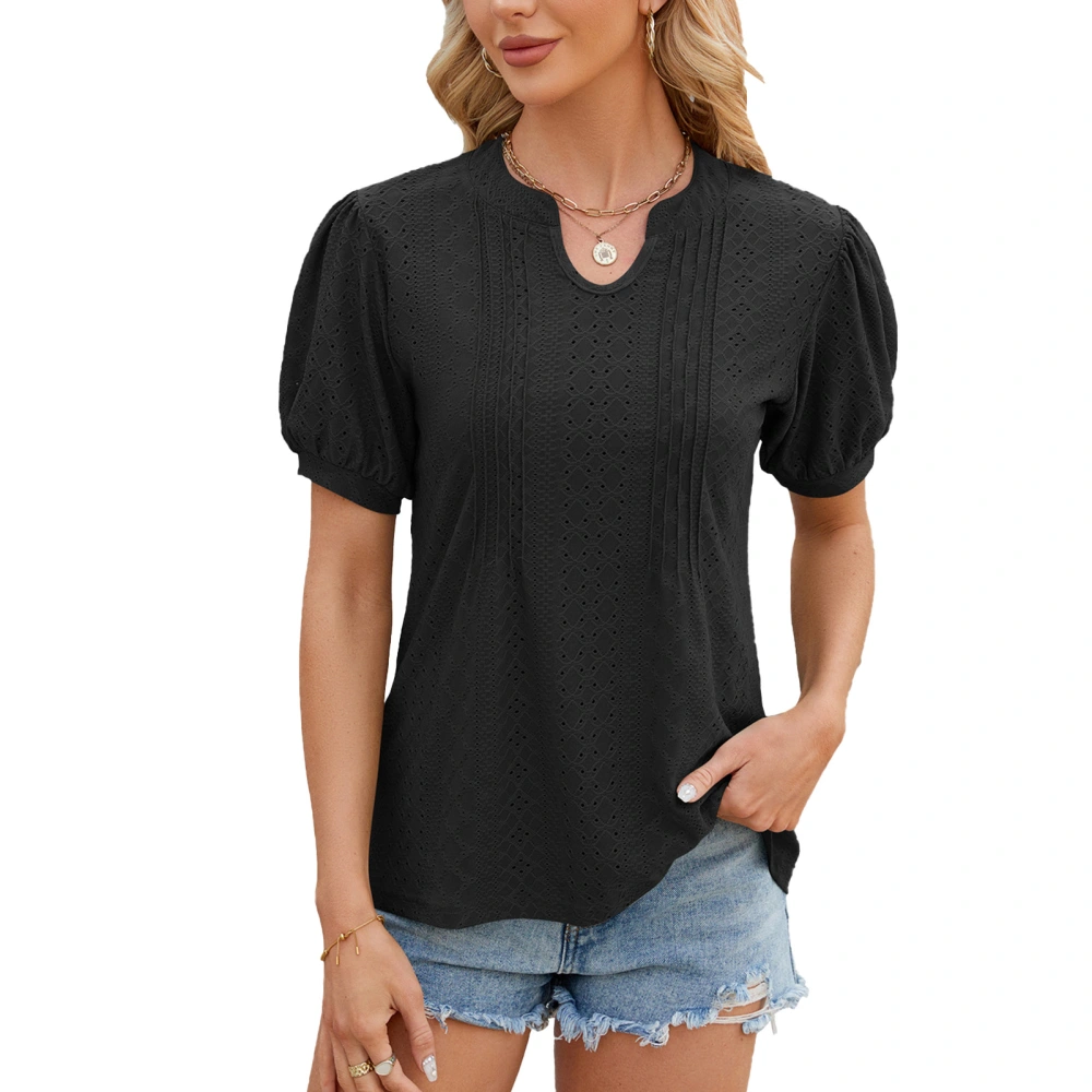 Women Puff Sleeve Blouse U Neck Casual Loose Fit Pure Color Fashion Hollow Holes Pleated Top Black M