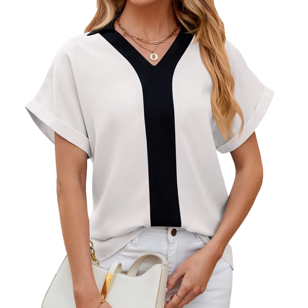 Women Turn Down Collar Blouse Color Contrast Casual Short Sleeves V Neck Loose Top for Daily Wear White XXL