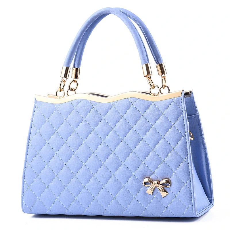 Women Purse Shoulder Bag Large Capacity PU Embroidered Rhombus Top Handle Satchel Shoulder Bag Light Blue Free Size