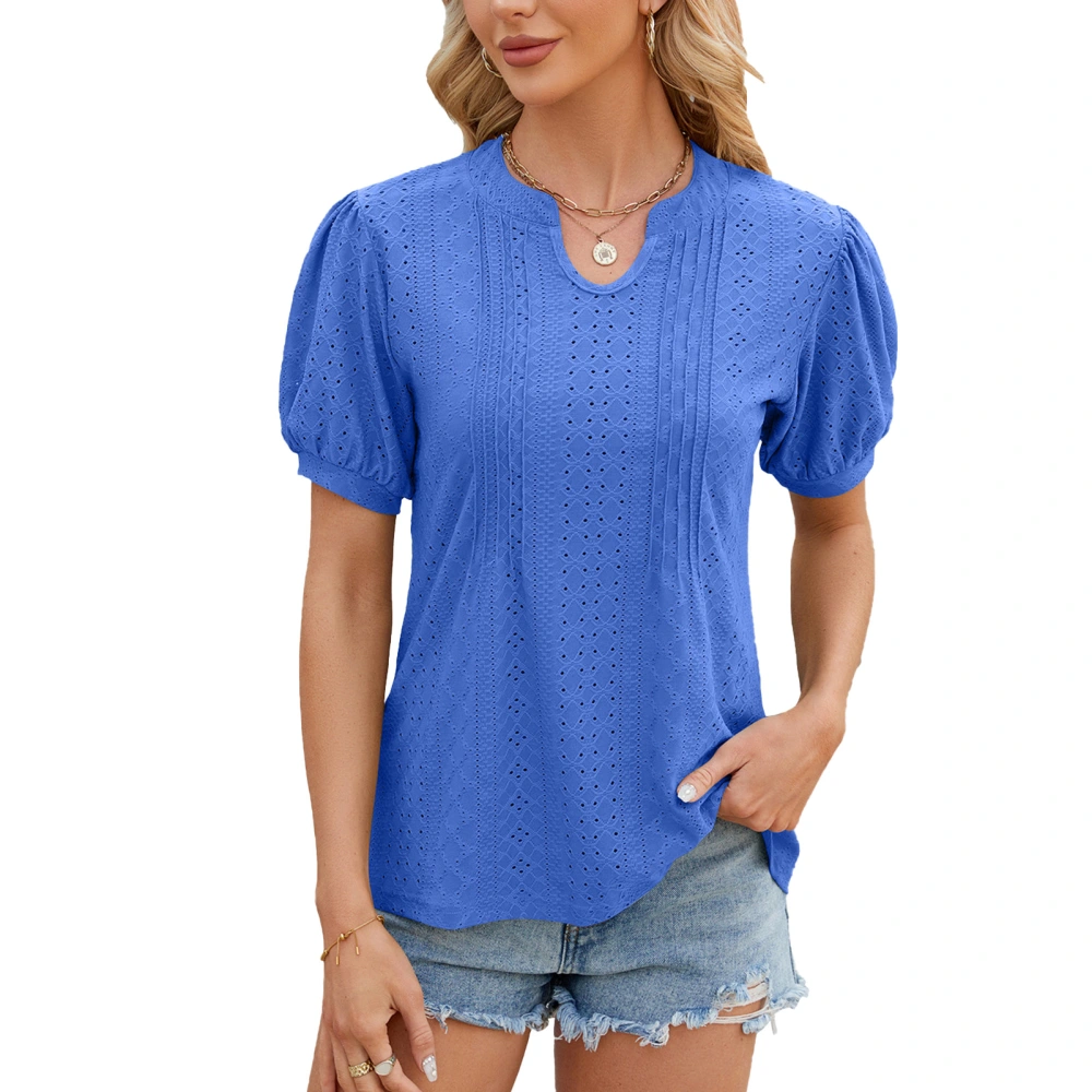 Women Puff Sleeve Blouse U Neck Casual Loose Fit Pure Color Fashion Hollow Holes Pleated Top Blue L